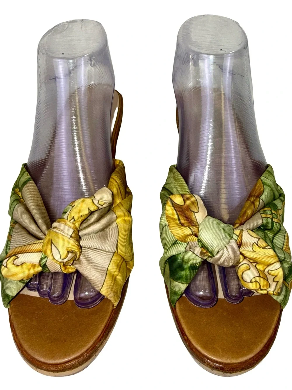 FERRAGAMO SILK SCARF WEDGE SANDALS